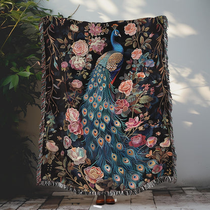 Peacock Art Deco Woven Blanket, Cozy Home Decor, William Morris Inspired Cotton Blanket