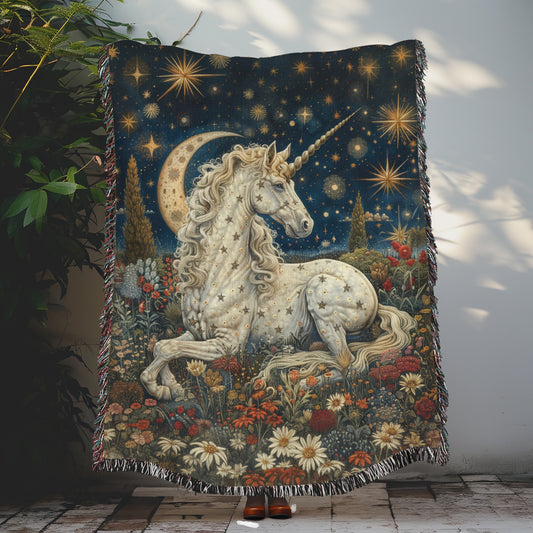 Crescent Moon Whimsical Night White Unicorn Woven Blanket, Cozy Home Decor, William Morris Inspired Cotton Blanket