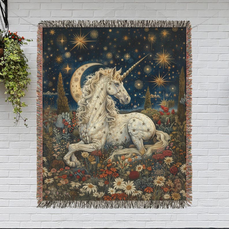 Crescent Moon Whimsical Night White Unicorn Woven Blanket, Cozy Home Decor, William Morris Inspired Cotton Blanket