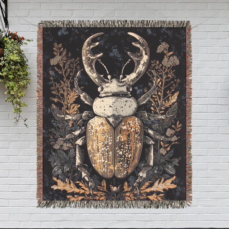 Stag Beetle Ornate Gold Silver Leaf Linocut Print Art Style Woven Blankets