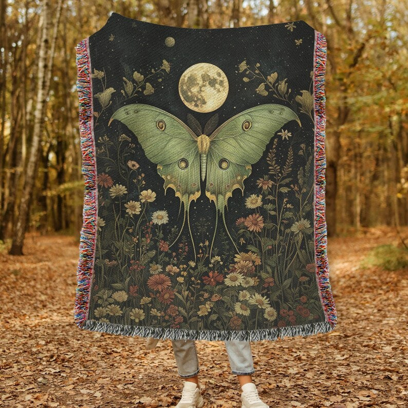 Luna Moth Night Full Moon In The Style Of William Morris Inspired Woven Blankets