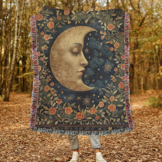 The Moon And Stars Vintage Botanical Woven Blanket, Cozy Home Decor, William Morris Inspired Cotton Blanket