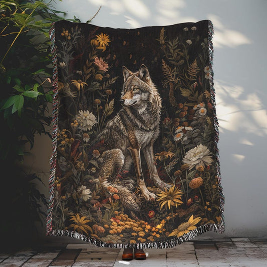 Woodland Wolf Cottagecore  Woven Blanket, Cozy Home Decor, William Morris Inspired Cotton Blanket