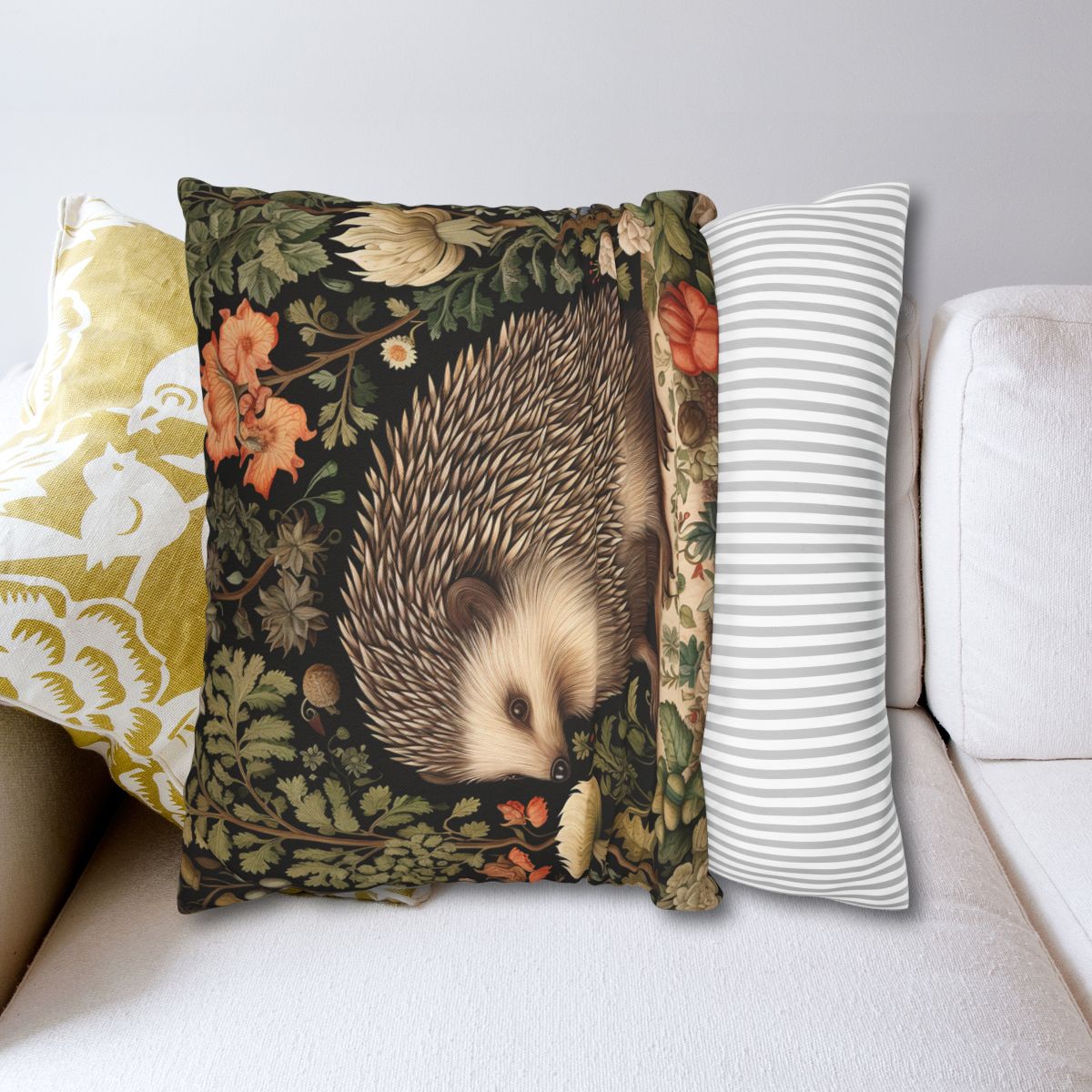 William Morris Inspired Charming Hedgehog Throw Pillow | Forest Hedgehog Floral Home Decor Pillow