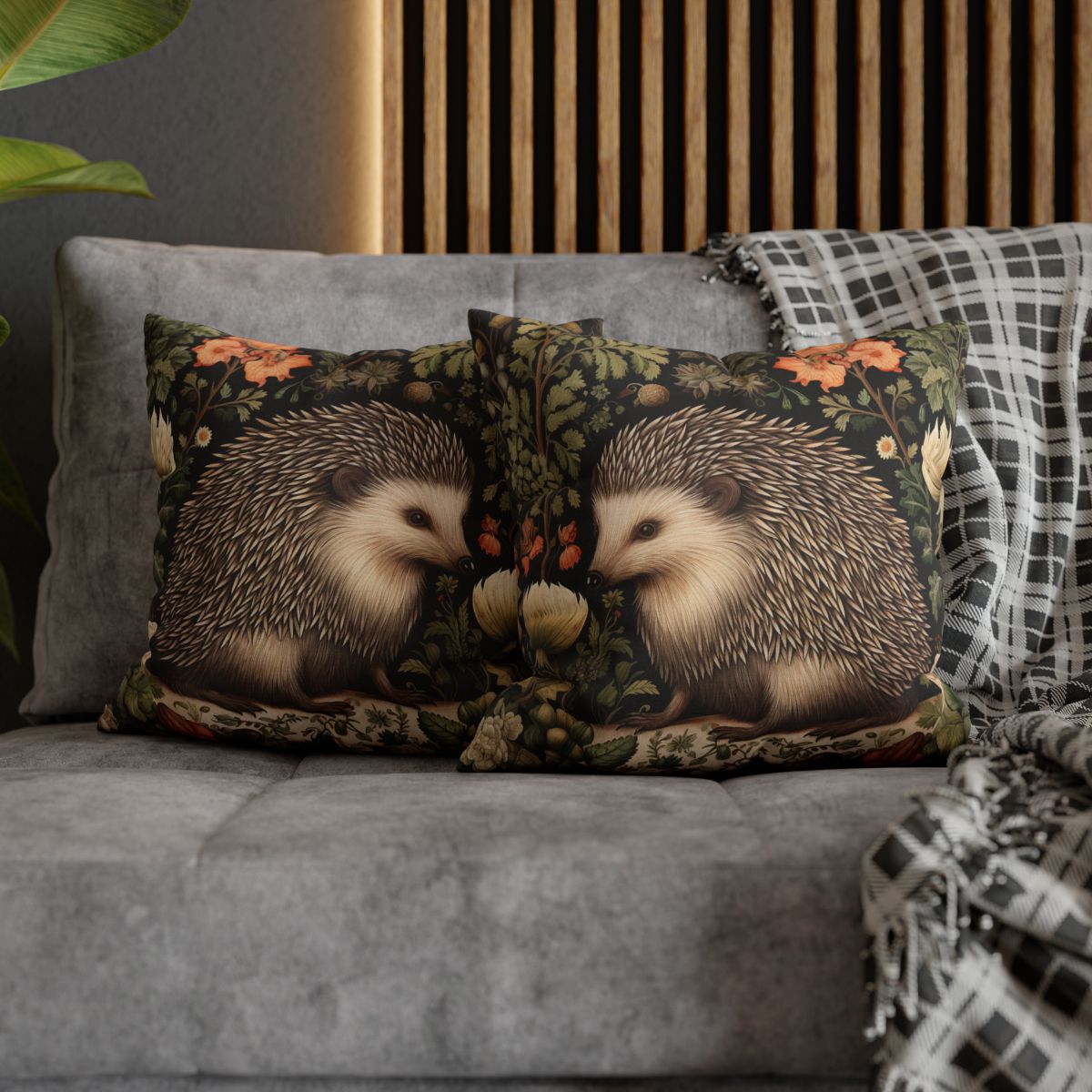 William Morris Inspired Charming Hedgehog Throw Pillow | Forest Hedgehog Floral Home Decor Pillow