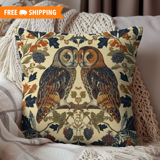 Art Deco Couple Owl Pillow | Decorative Pillow William Morris Inspired | Cottagecore Home Decor Pillow | INSERT INCLUDED