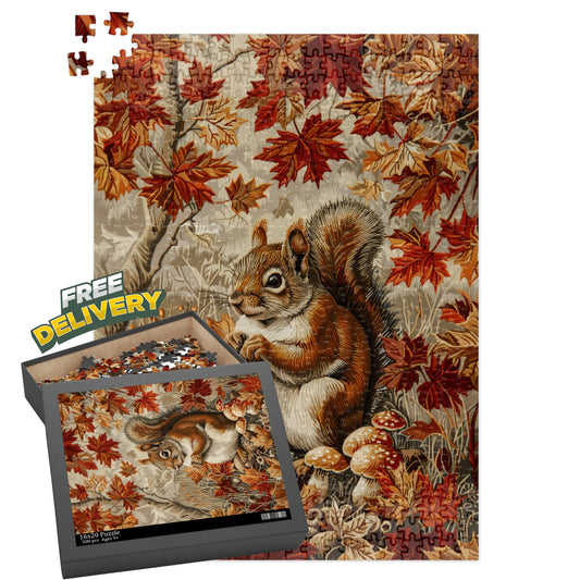 Jigsaw Puzzle - Woodland Brown Squirrel Art Nouveau, William Morris Inspired Fall Autumn, Cottagecore Box (120, 252, 500-Piece)