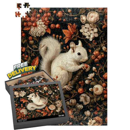 Jigsaw Puzzle - Woodland Squirrel Art Nouveau, William Morris Inspired Fall Autumn, Cottagecore Box (120, 252, 500-Piece)