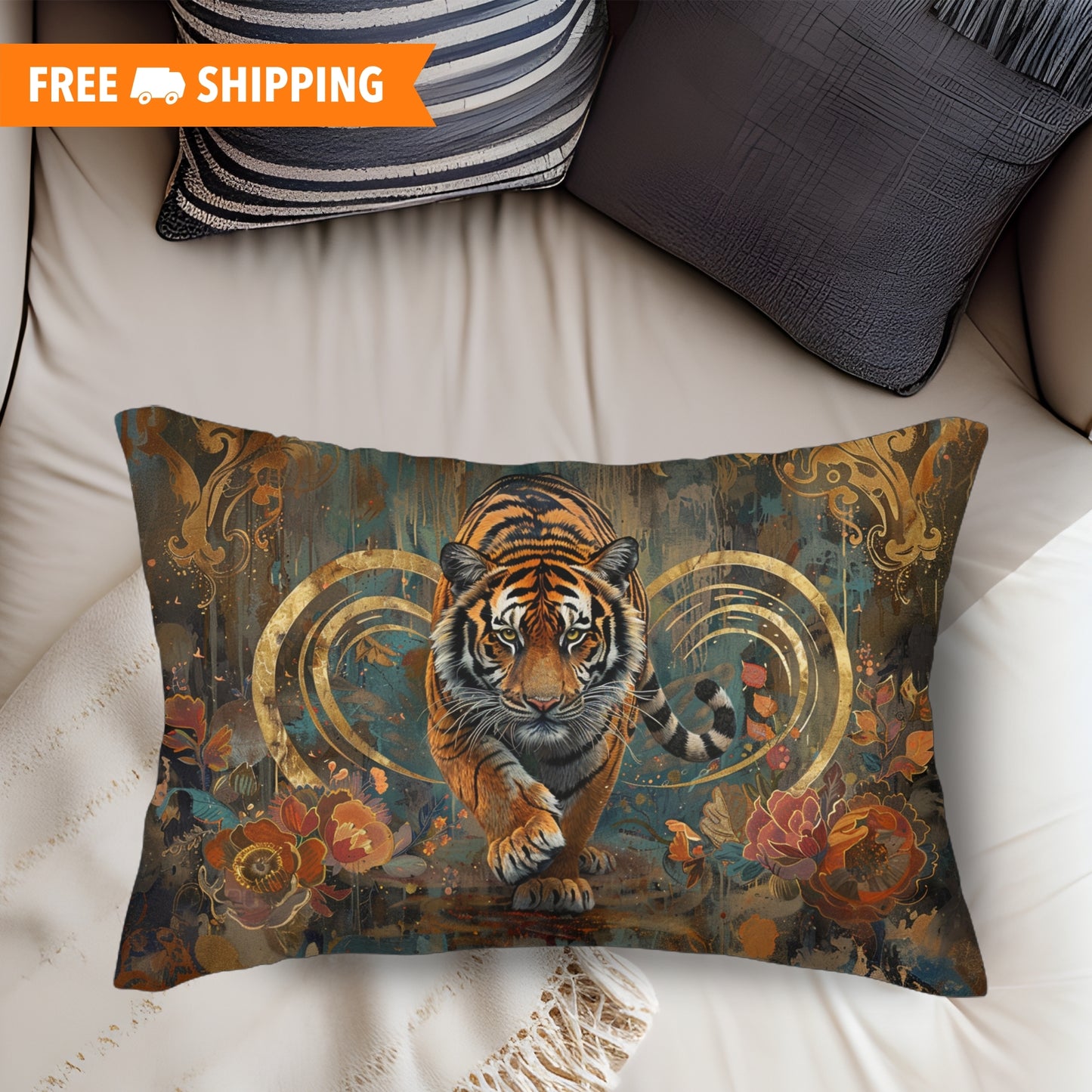 Art Deco Tiger William Morris Inspired Rectangle Lumbar Pillow, Throw Cushion for Home Decor, Animal Lover Gift, Unique Accent for Living Room, Bedroom