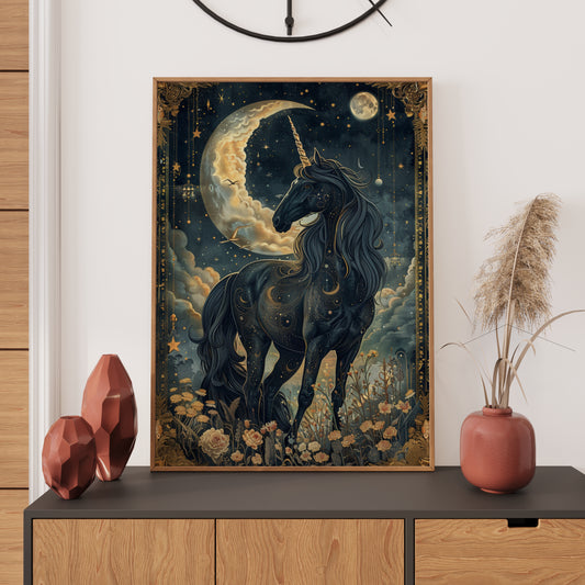 Black Unicorn Whimsical Night Creasent Moon And Stars Wall Art Print Vintage Wall Decor PRINTABLE Instant Digital Download