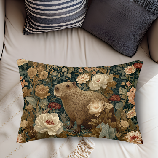 Vintage Floral Capybara Lumbar Pillow, Botanical Animal Accent Cushion