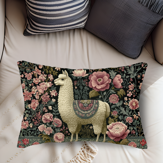 Floral Llama Lumbar Pillow, Vintage Botanical Cottagecore Cushion