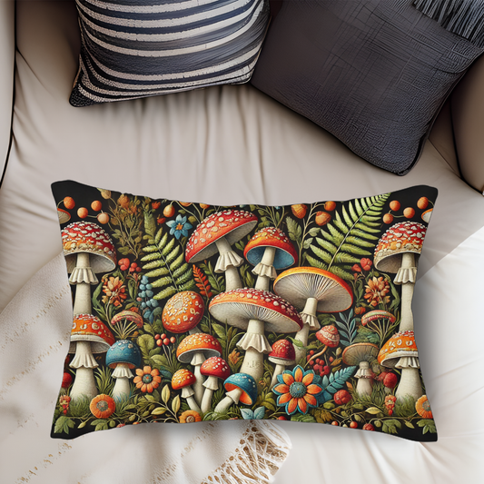 Faux Embroidered  Wild Mushrooms Pattern William Morris Inspired Lumbar Pillow, INSERT INCLUDED | Cottage-core Home Decor