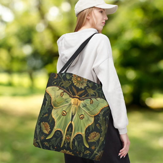 Luna Moth Botanical Tote Bag, William Morris Inspired, Sage Green Nature Bag