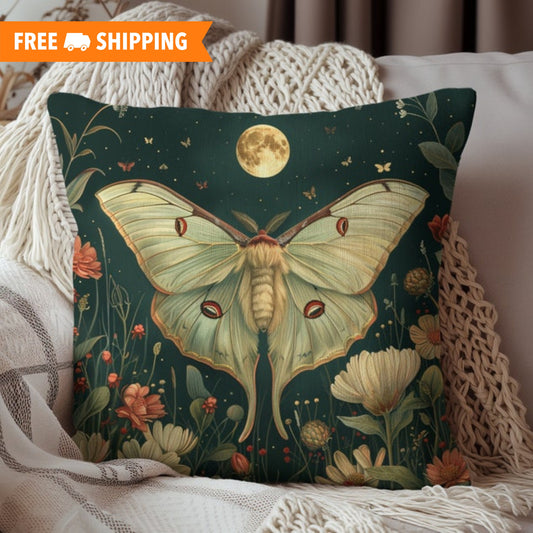 Luna Moth Flight Full Moon Night  Decorative Pillow Willam Morris Inspired | Cottage-core Pillow