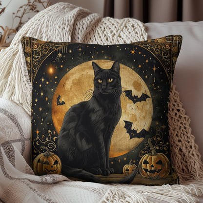 Square Pillow - Art Deco Full Moon Black Cat Halloween Home Decor Pillow