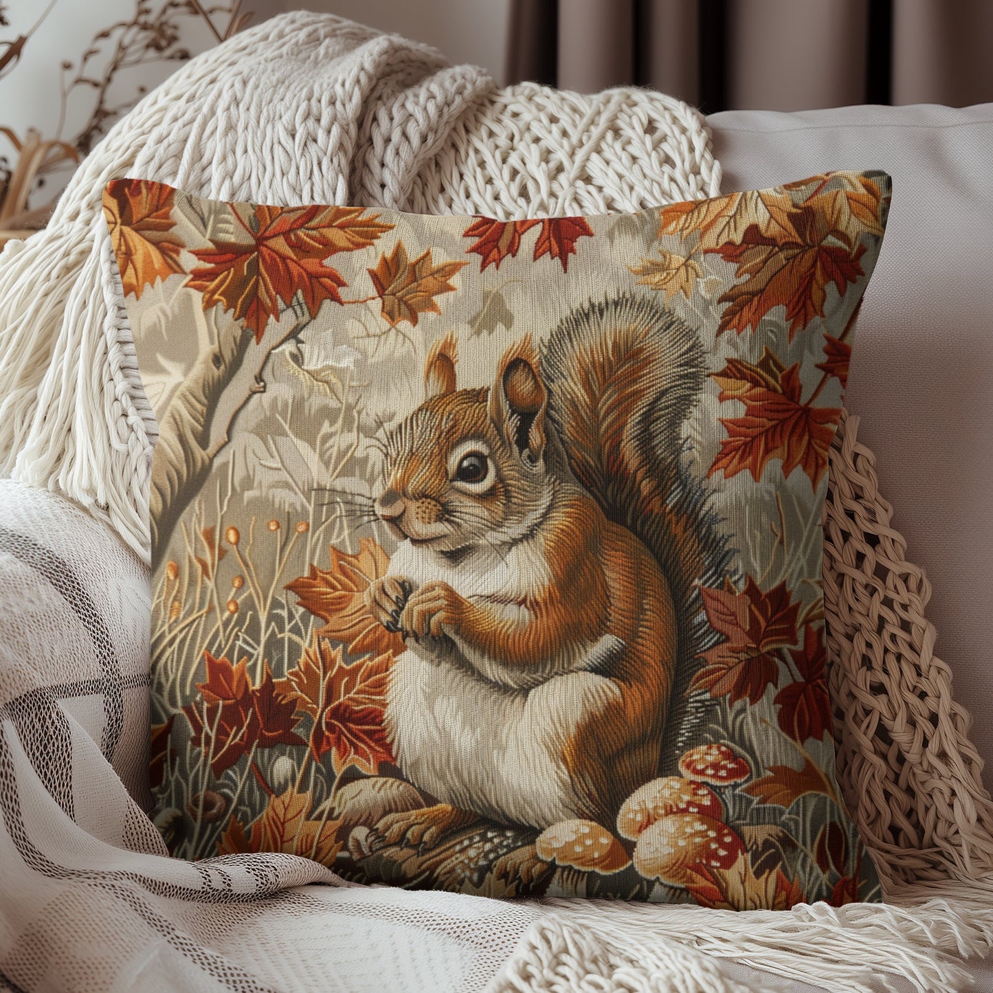 William Inspired Woodland Brown Squirrel Fall Autumn Forest Decorative Squrae Pillow