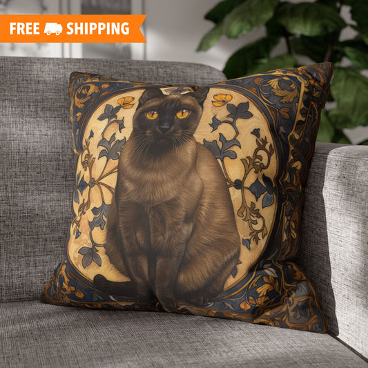 Art Deco Burmese Cat Decorative Pillow | William Morris Inspired | Cottage-core Pillow