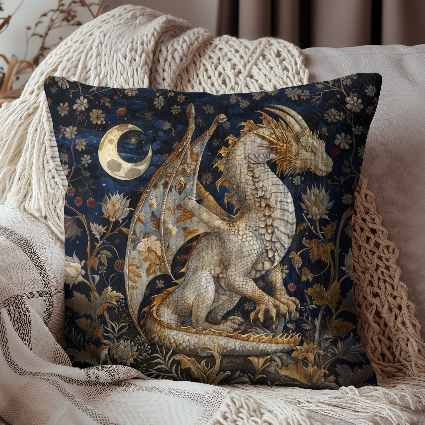 Victorian Dragon Crescent Moon And Stars in Whimsical Night Pillow Home Decor, Spun Polyester Square Pillow