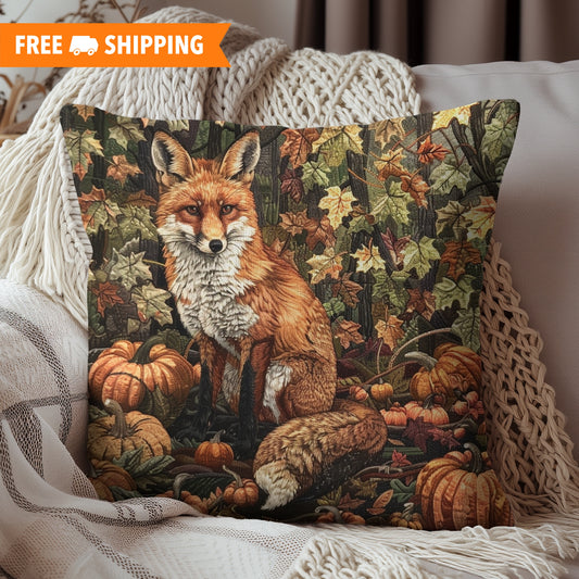 Fox in a Pumpkin Patch William Morris Pillow Inspired, Decorative Fall Pillow Decor, Spun Polyester Square Pillow