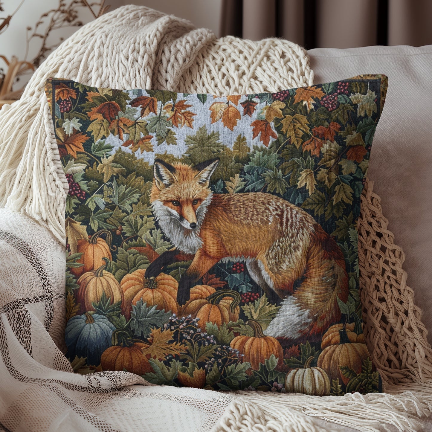 Woodland Fox Pumpkins Patch William Morris Inspired Decorative Pillow