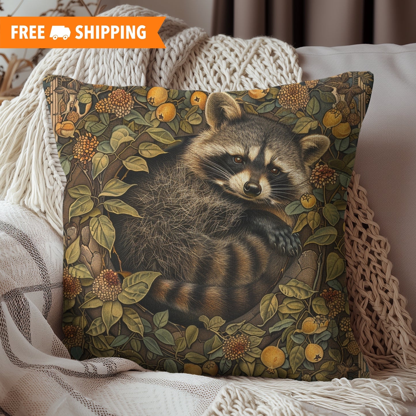 Raccoon William Morris Inspired | Raccoon Ancient Decorative Pillow