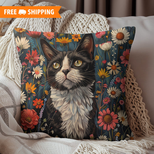 William Morris Inspired Botanical Tuxedo Cat  Square Pillow | Cat Cottagecore Decorative Pillow