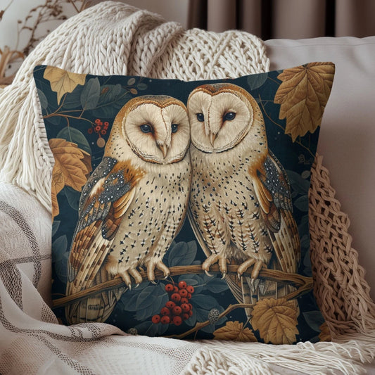 Forest Couple Barn Owl Pillow | Decorative Pillow William Morris Inspired | Cottagecore Home Decor Pillow