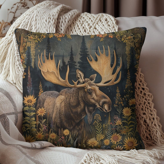 William Morris Inspired Woodland Moose Wildflowers Decorative Pillow  | Cottage-core Pillow