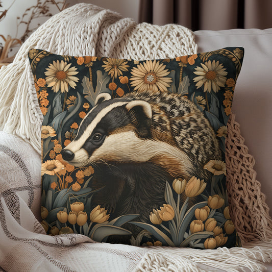 Botanical Badger Pillow: William Morris Inspired Art Deco Cottagecore Decor