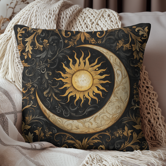 Celestial Sun and Moon Gold Ornate Gothic Polyester Decorative Pillow