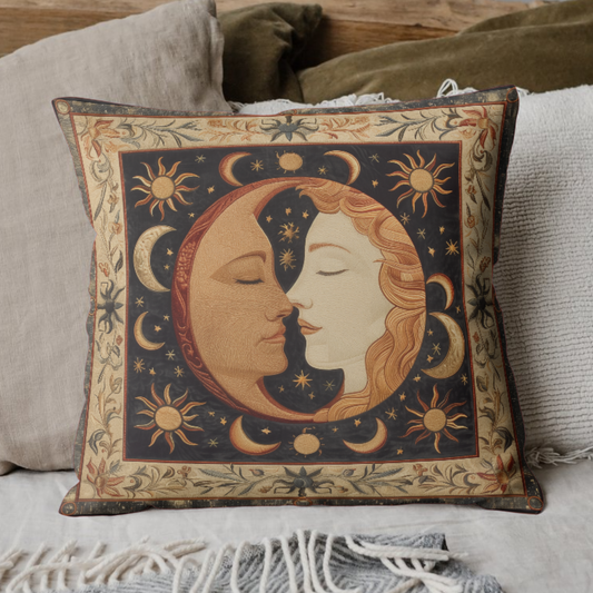 Celestial Harmony Pillow, Moon & Sun Design, Boho Decor, Cozy Home Accent, Starry Night Gift, Astrology Lovers