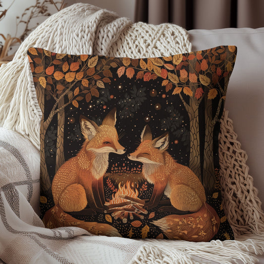 William Morris Inspired Woodland Foxes With Cozy Bonfire Decorative Pillow | Vintage Cottage-core Fall Home Decor Pillow