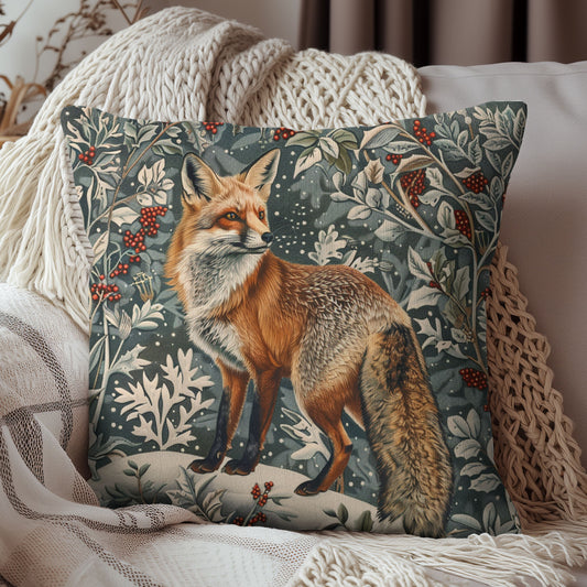 Fox Winter Botanicals Decorative Pillow, Spun Polyester Square Cushion for Vintage Home Decor, Gift for Nature Lovers, Cozy Throw Pillow,