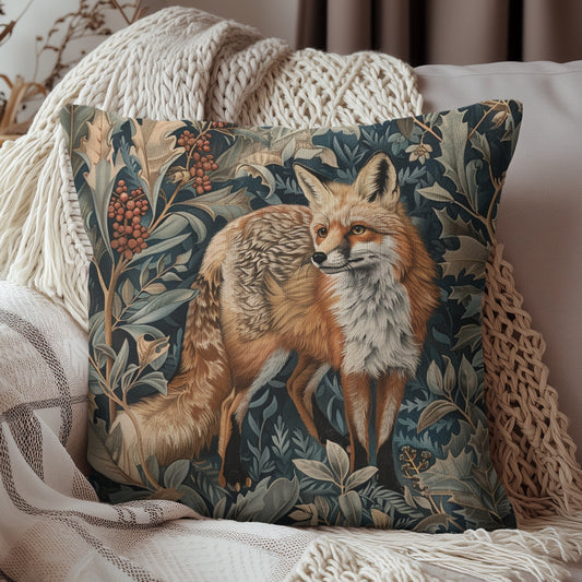 William Morris Inspired Fox Winter Botanical Decorative Pillow, Vintage Home Decor, Gift for Nature Lovers, Cozy Throw Pillow,