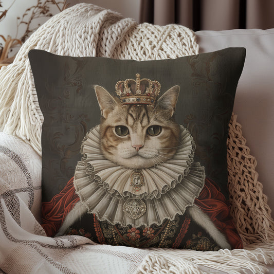 Royal Cat Decorative Pillow,  Aristocratic Kitty Cushion in Crown & Renaissance Attire, Whimsical Pet Portrait Home Décor