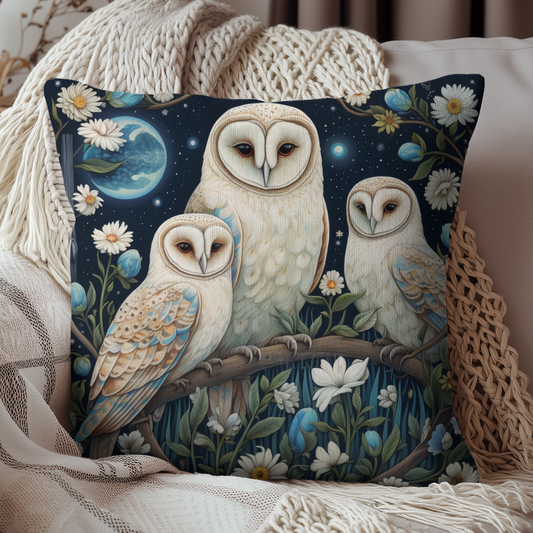 William Morris Inspired Magical White Owl Family and Two Moons Decorative Pillow