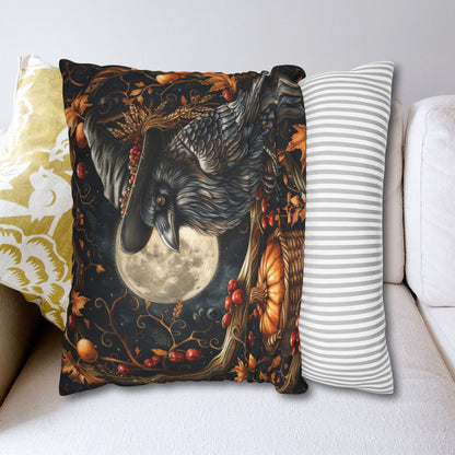 Mystical Pillow, Halloween Decor, Witch Raven Pumpkin Square Pillow, William Morris Inspired, Spun Polyester Cushion, Home Decor