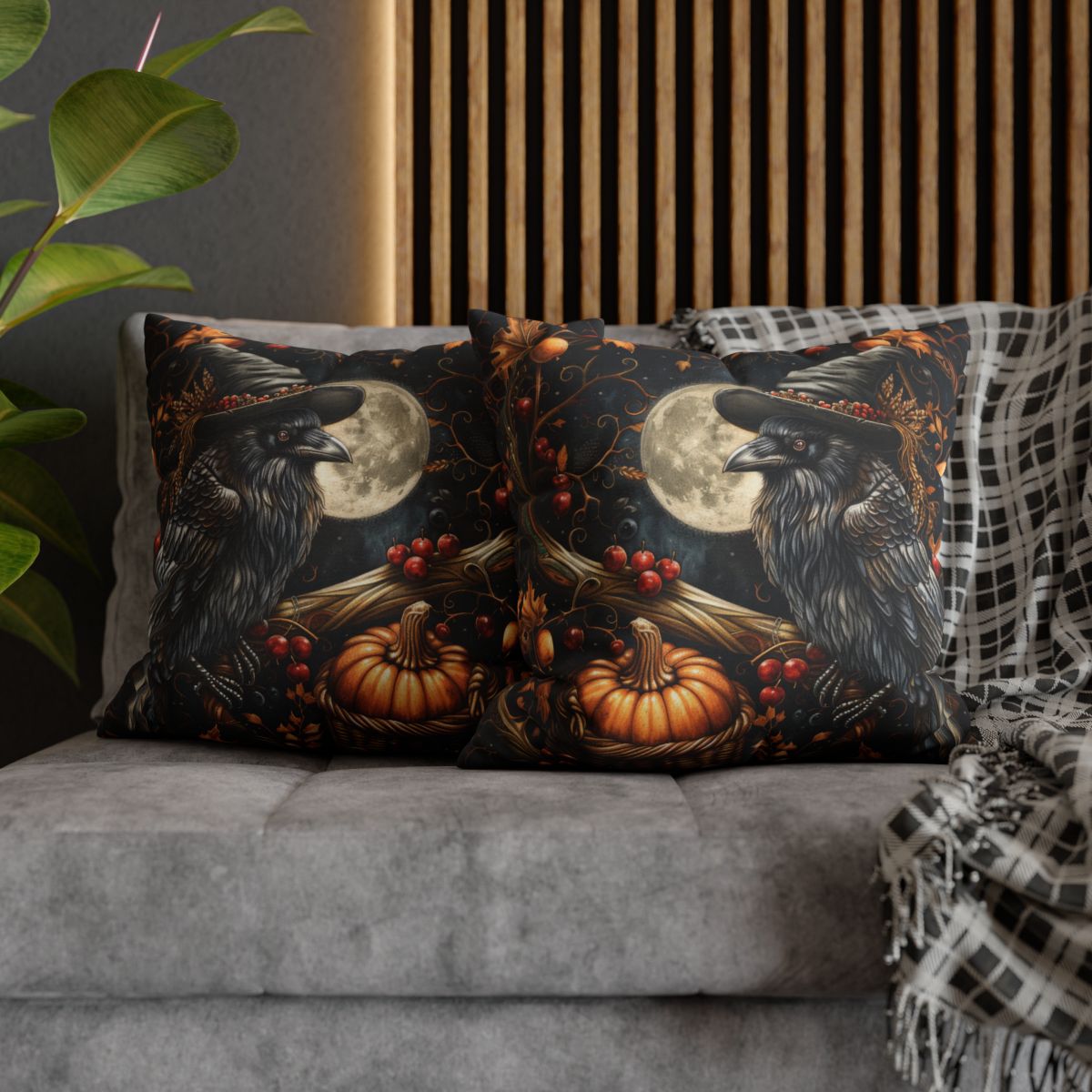 Mystical Pillow, Halloween Decor, Witch Raven Pumpkin Square Pillow, William Morris Inspired, Spun Polyester Cushion, Home Decor