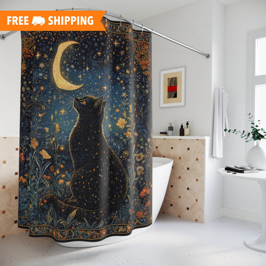 Black Cat Whimsical Night ,William Morris Insipred, Polyester Shower Curtain