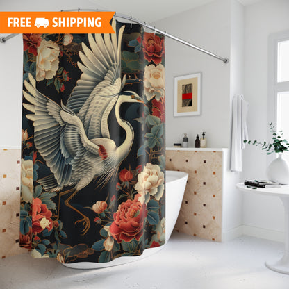 Flying Heron in Amongst Flowers Shower Curtain, Coastal Bird Bathroom Decor, Nature Inspired Home Decor, Unique Gift Idea