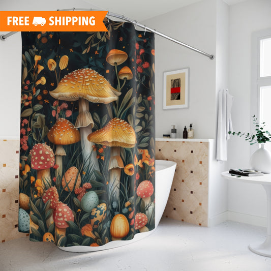 William Morris Inspired Botanical Mushroom Print Shower Curtain, Vintage Art Decor Bathroom Curtain, Housewarming Gift