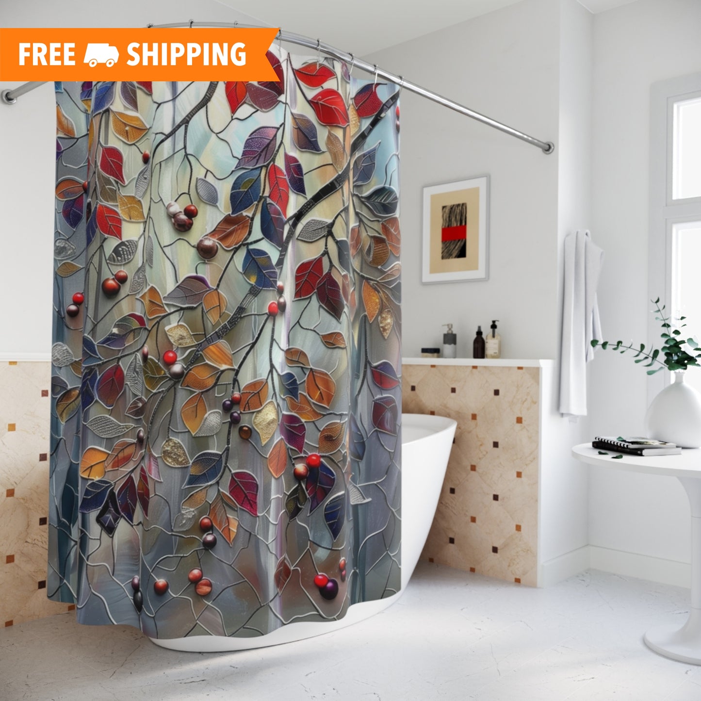 Stained Glass Fall Leaves And Berries Polyester Shower Curtain