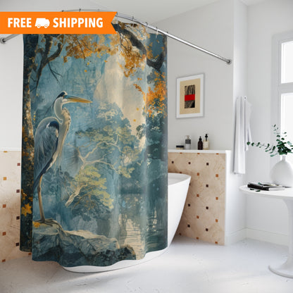 Blue Heron in Ancient Forest Shower Curtain - Coastal Bird Bathroom Decor, Waterproof Fabric, Nature Inspired Home Decor, Unique Gift Idea