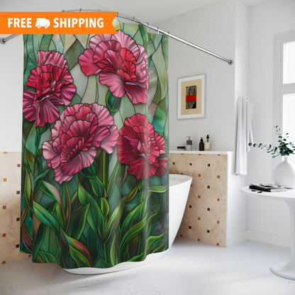 Faux Stained Glass Carnation Flowers Polyester Shower Curtain