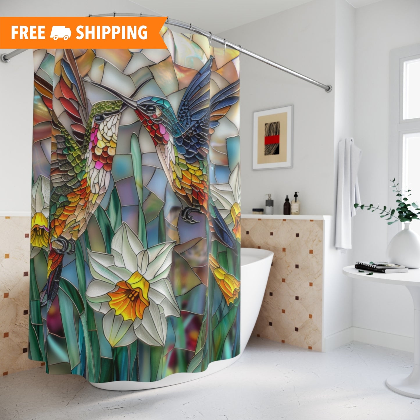 Stained Glass Hummingbirds Daffodils Field Polyester Shower Curtain