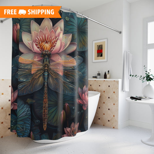 William Morris Inspired Dragonfly Pink Water Lily Shower Curtain | Art Deco Style Shower Curtain | Cottagecore Bathroom Decor