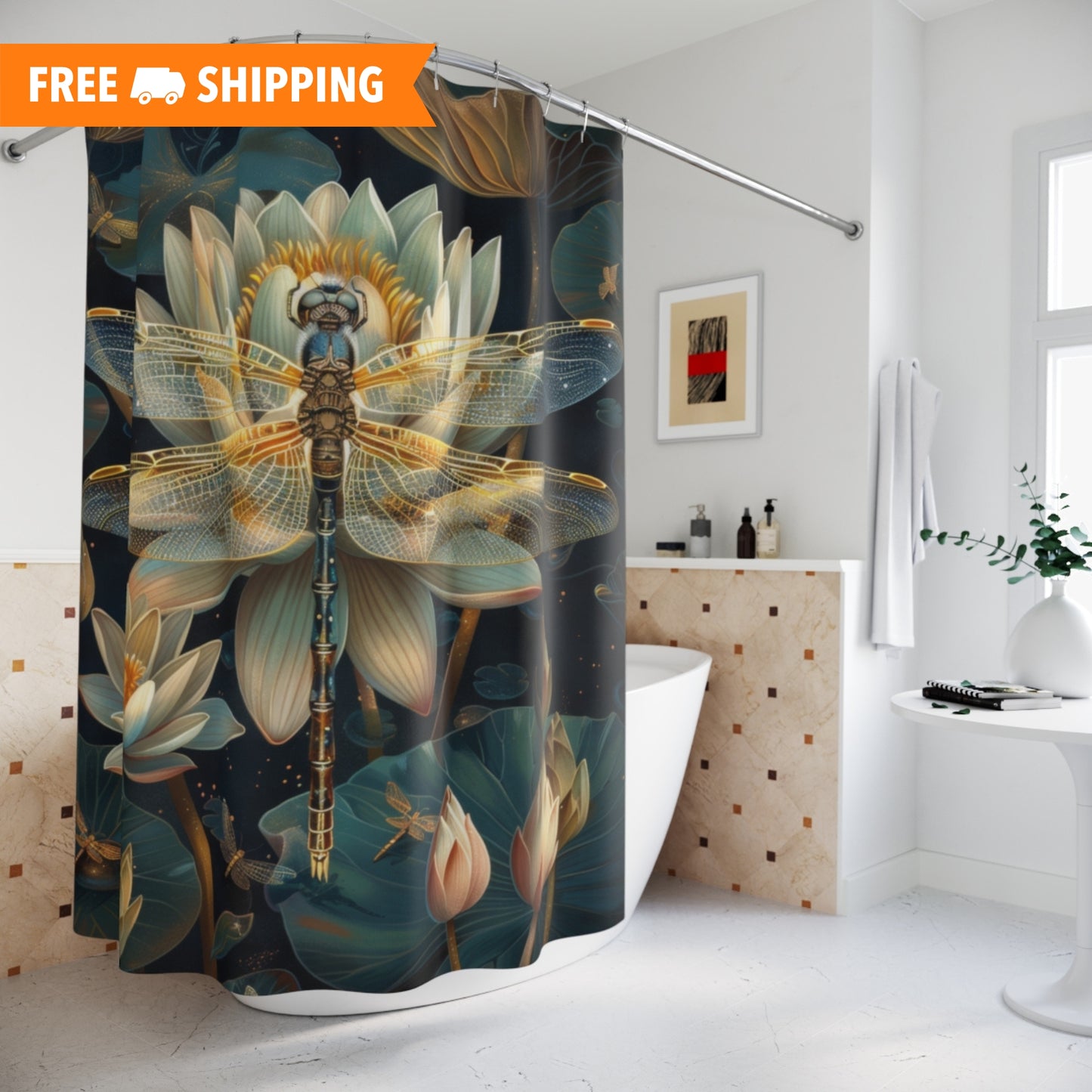 William Morris Inspired Dragonfly White Water Lily Shower Curtain | Art Deco Style Shower Curtain | Cottagecore Bathroom Decor