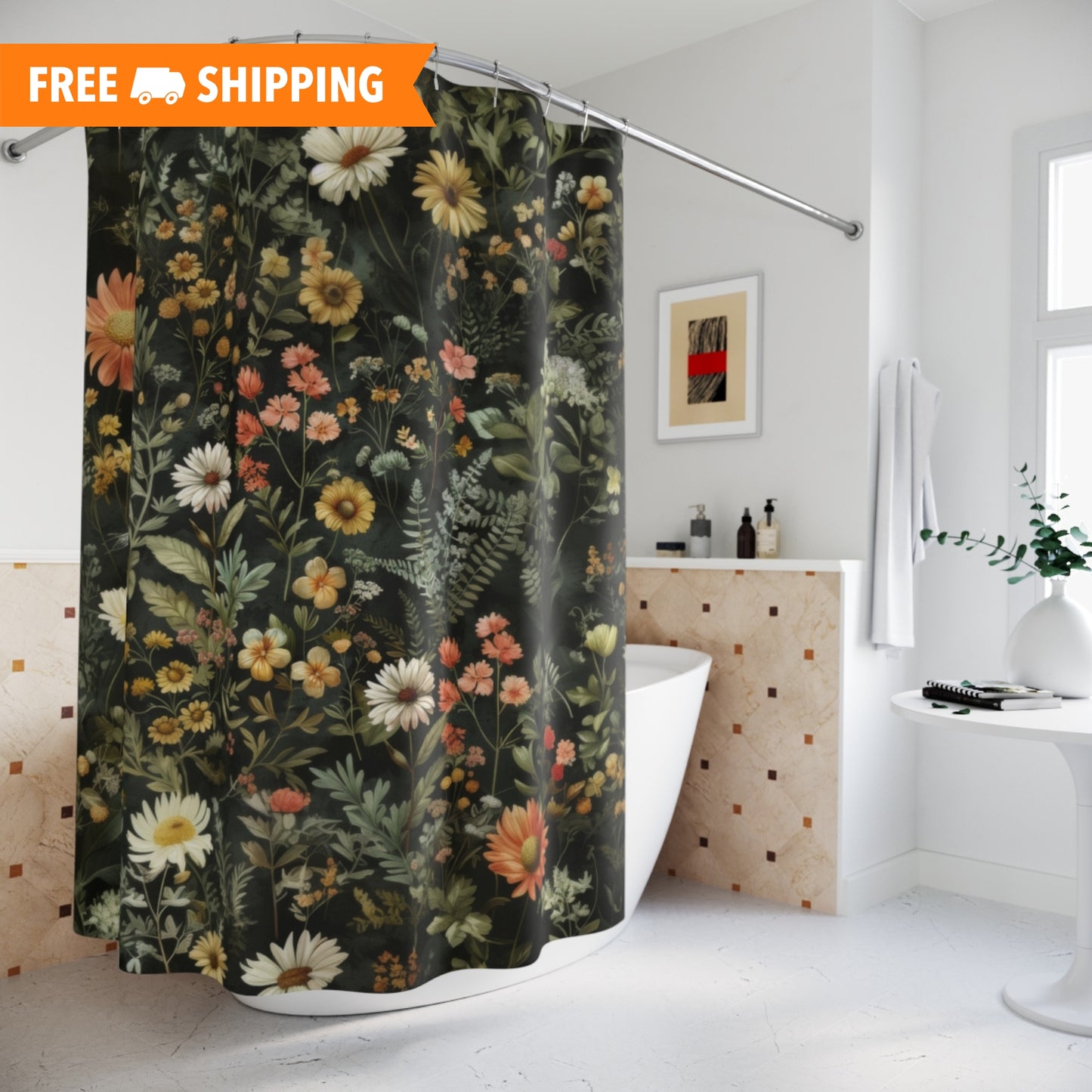 Cottage Botanical Wildflowers Pattern Polyester Shower Curtain