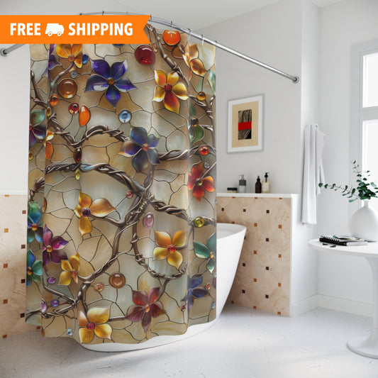 3D Stained Glass Colorful Jewelry Fall Flowers Polyester Shower Curtain